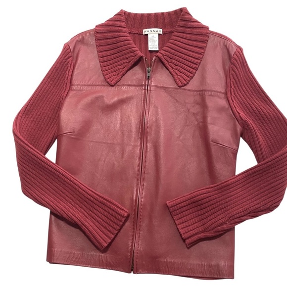 Red Leather Front Cotton Knit Sweater Back Large - Picture 5 of 14